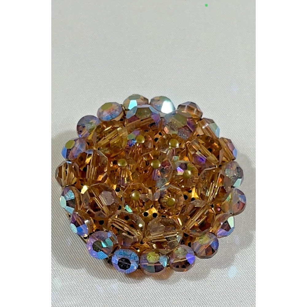 Vintage Amber Aurora Borealis Glass Bead Cluster Brooch Gold Tone Whimsygoth 1" - Picture 4 of 4